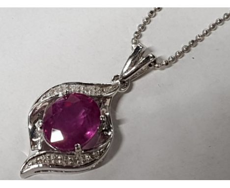 18CT WHITE GOLD RUBY AND DIAMOND PENDANT ON CHAIN, 7.4G GROSS