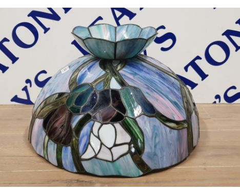 A VERY LARGE TIFFANY STYLE LAMP SHADE IN GOOD CONDITION 46CM BY 26.5CM