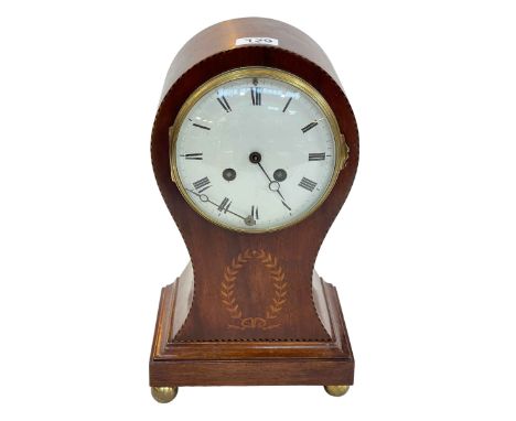 Mahogany inlaid balloon mantel clock with key, 30cm.