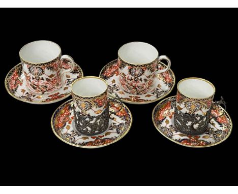 Four Royal Crown Derby Imari coffee cups and saucers, two with silver holders.