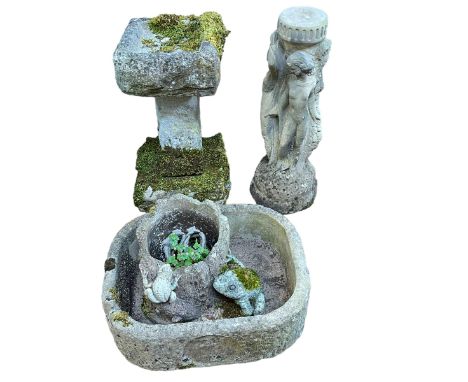 Three Graces garden pedestal, weathered pedestal bird bath on square plinth, weathered trough with owl motif, naturalistic pl