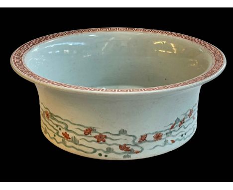 Large Chinese porcelain basin decorated with lake scene and geometric decorated rim, 34cm diameter.