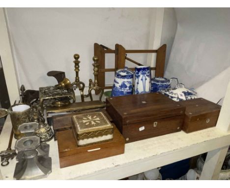 Royal Selangor pewter candle holders, brass caddy, inlaid wooden boxes, blue and white pottery, etc.