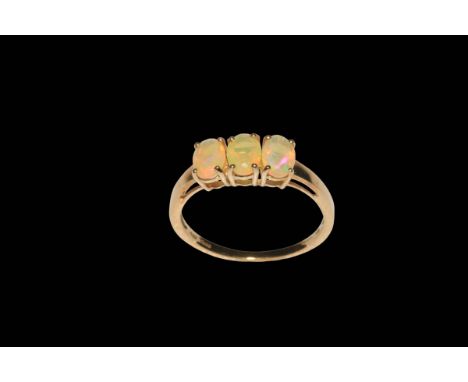 Opal three stone 9 carat gold ring, size P/Q, with certificate.