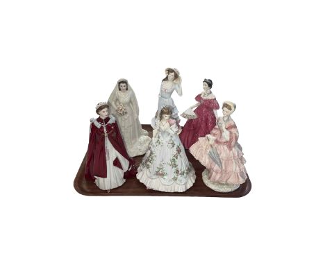 Six Royal Worcester figurines, 1855 The Crinoline, Queen Elizabeth The Queen Mother, Queen of Hearts, Summer and two Queens.