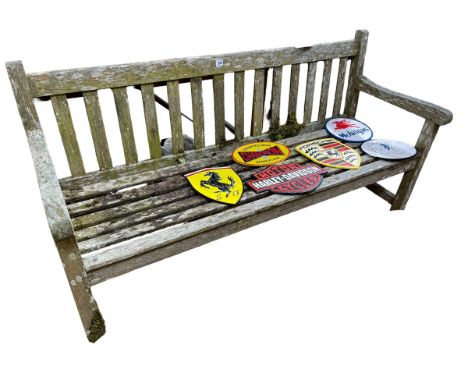 Weathered teak? garden bench, 152cm by 83cm by 57cm.