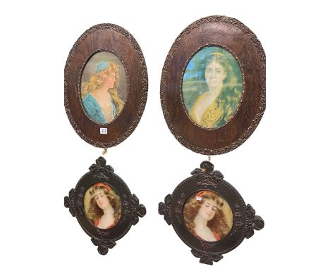 Two pairs of Edwardian coloured portrait prints.