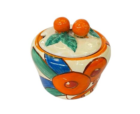 Bizarre by Clarice Cliff preserve pot and cover.