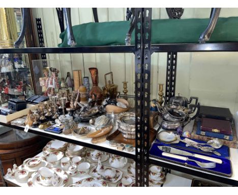 Collection of metalwares including brass stick stand, candle holders, kettles, cased cutlery, etc, walking canes, costume jew