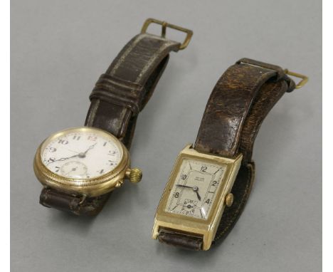 An Art Deco gold gentleman's Walker Unbreakable mechanical strap watch, and a 1920s gold gentleman's mechanical strap watch, 