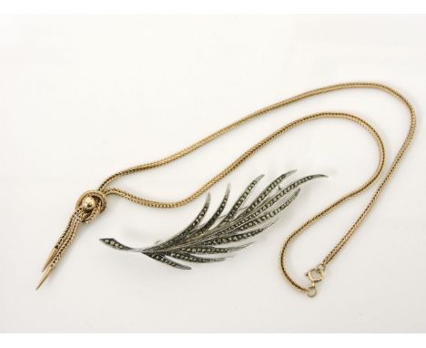 A gold foxtail link chain, with knot centrepiece, 10.5g, and a silver marcasite fern leaf brooch