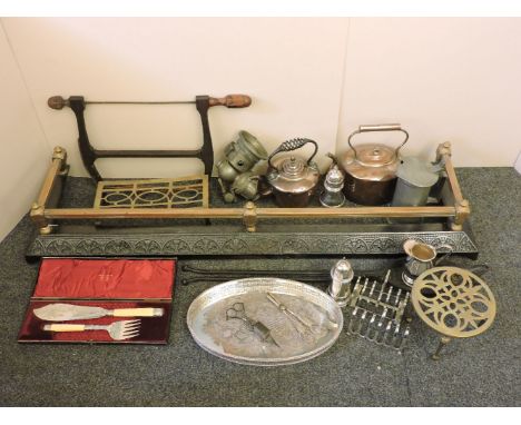 A quantity of mixed silver plate, brassware, copper kettles and pewter, a Lucas 'King of the Road' carbide lamp, a fender, an
