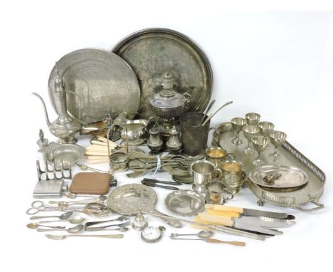 A quantity of silver plated items, cutlery, lamp, etc