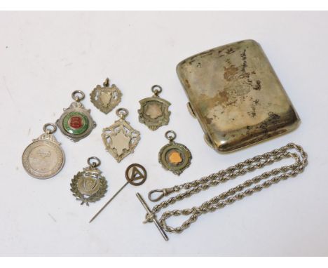 A silver rope chain Albert, with silver bar, a silver cigarette case, a collection of silver fobs, and a silver Metropolitan 