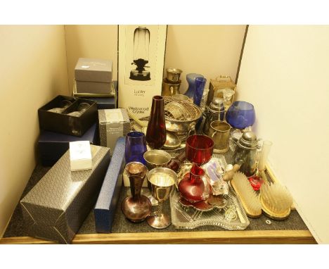 A Wedgwood crystal 'Lucifer' oil lamp, coloured drinking glasses and assorted silver plate, a dressing table set, two clocks,