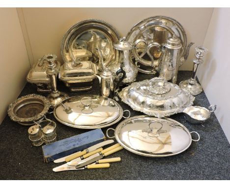 Assorted silver plate, to include two coffee pots, two saucers, two serving dishes, three vegetable dishes and two rectangula