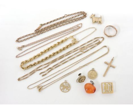 A 9ct gold rope link bracelet, with safety chain, a 9ct gold link chain, a gold trace link chain marked 9k, a 9ct gold figaro