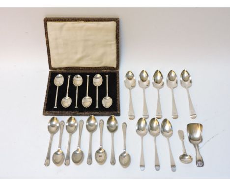 A set of cased silver teaspoons, CB&S, Sheffield 1923, set of 8 golf teaspoons and others, plus a caddy spoon