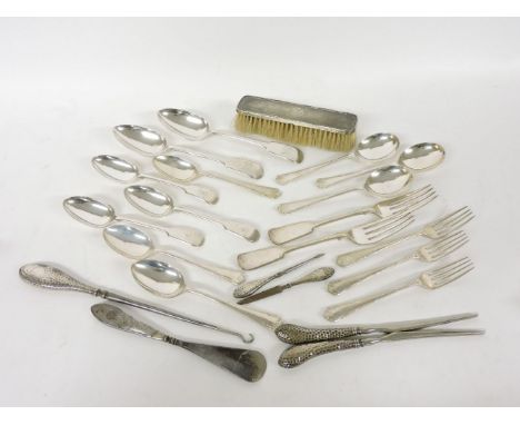 A small quantity of silver cutlery, silver backed brush, silver button hooks, etc