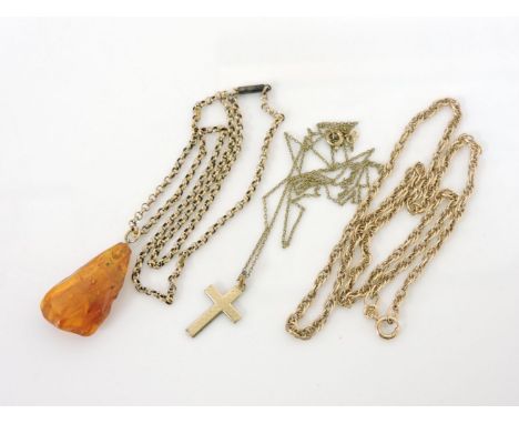 An amber pendant, on a gold belcher chain marked 9ct, with rolled gold clasp, a 9ct gold Prince of Wales chain, and a cross p
