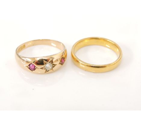 A 22ct gold court shaped wedding ring, and a 15ct gold star set diamond and ruby ring, 15ct gold 3.1g, 22ct gold 4.2g