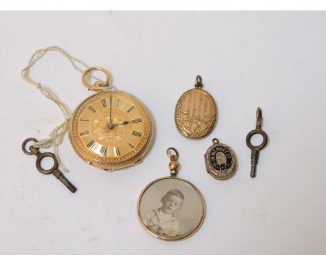 A Continental 18ct gold ladies fob watch, with gold engraved dial, Roman numerals and hand engraved case, a gold front and ba