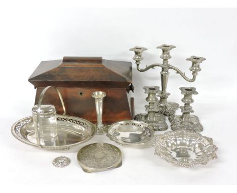 A Victorian mahogany tea caddy, together with a collection of silver plated items