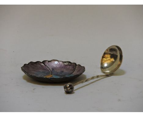 A silver condiment spoon, A. E. Jones, Birmingham 1928, with melon form terminal and planished bowl, and a silver and enamel 