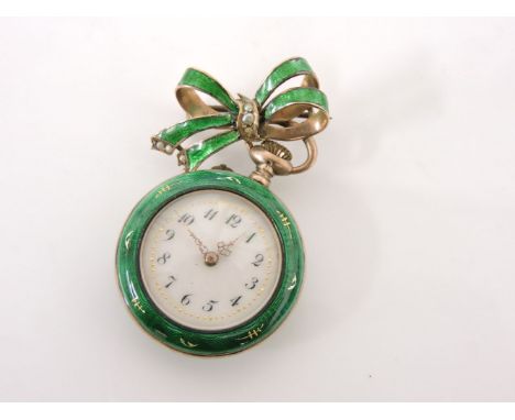 A Swiss 0.935 silver green guilloché enamel ladies fob watch, inlaid with red berry sprays, white enamel dial with Arabic num