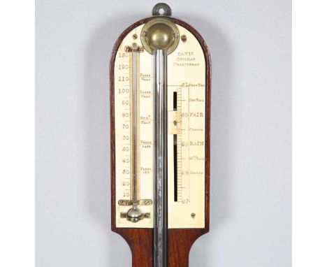A Victorian mahogany stick barometer, the arched top with vernier scale and mercury thermometer, detailed 'Davis Optician Che
