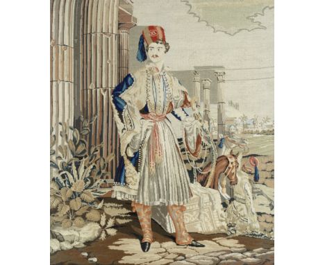 A 19th century tapestryKing Otto of Greece (1815-1867) as a young man in Greek national dress with Athens and the Acropolis i