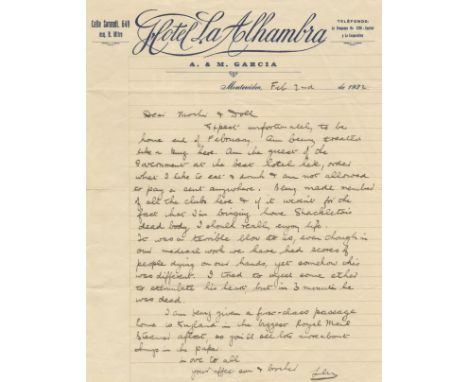 SHACKLETON-ROWETT 'QUEST' EXPEDITIONAutograph letter from Leonard Hussey signed ('your affec son &amp; brother Len'), to his 