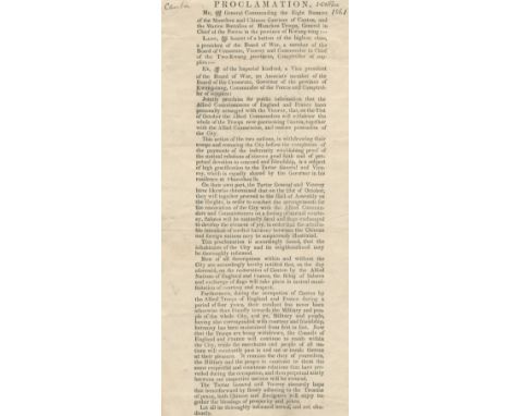 CANTON - OPIUM WARSBroadside proclamation announcing the forthcoming withdrawal of Allied troops from the city of Canton, and