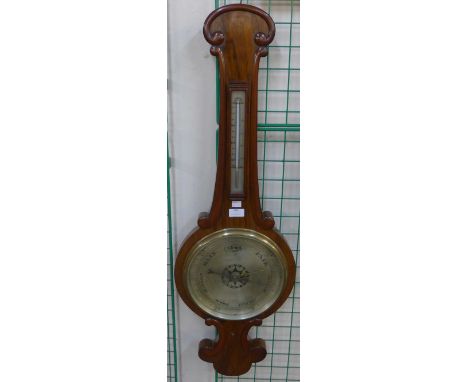 A Victorian walnut banjo thermometer, with thermometer 