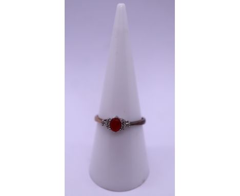 9ct gold fire opal & diamond ring - Size O 