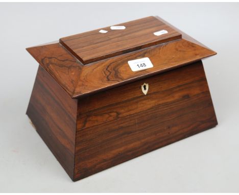 Mahogany sarcophagus shaped tea caddy. 