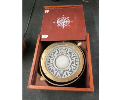Large brass trawler compass in wooden box by Christie &amp; Wilson, Glasgow