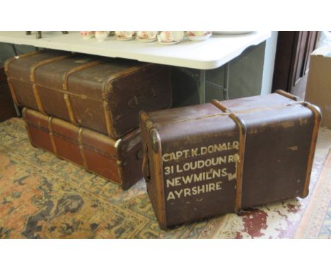 3 wooden banded steamer travel trunks, one with internal shelf divider.