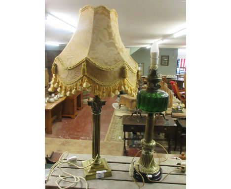 2 lamps - Brass Corinthian column with quality damask shade together with a converted brass and glass Art Nouveau oil lamp 
