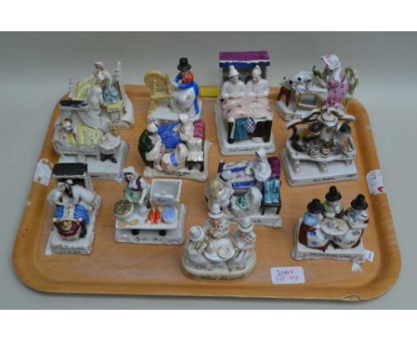 A COLLECTION OF TWELVE LATE 19TH CENTURY CONTINENTAL CERAMIC "FAIRINGS", to include "Shall we Sleep first or How", 10cm high 