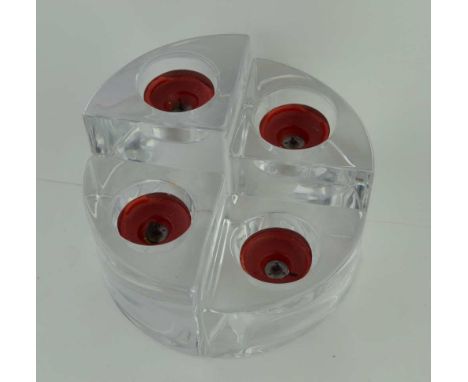 AN ORREFORS FOUR SECTION GLASS NIGHT LIGHT HOLDER, each segment of a different height, the tallest; 9.5cm high 