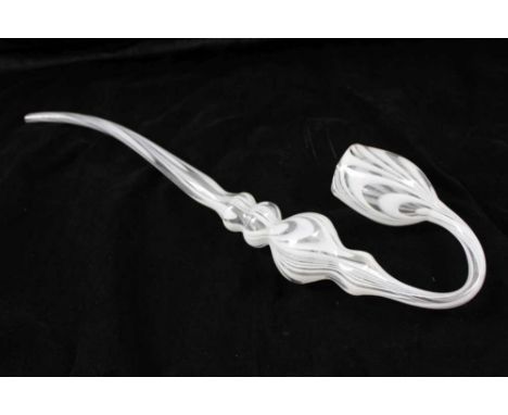 A NAILSEA STYLE GLASS PIPE, of hooked design with marbled white inclusions, 47cm Condition report – rough edges to bowl from 