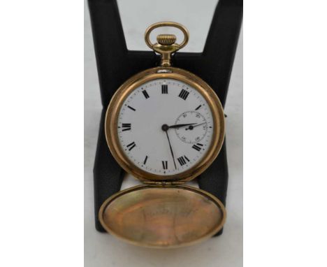 A LATE VICTORIAN HUNTER POCKET WATCH, gold filled case, white enamel dial with Roman numerals and secondary dial, 17 jewel mo