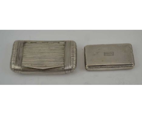 A 19TH CENTURY CONTINENTAL SILVER SNUFF BOX, engine turned decoration, the hinged cover monogrammed "HMD", to the gilded inte