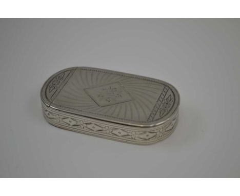SAMUEL PEMBERTON A GEORGE III SILVER SNUFF BOX, oblong with rounded ends, with a side opening hinged cover, engraved decorati