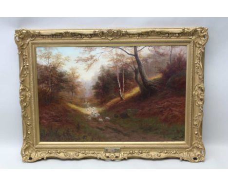 WILLIAM MELLOR (1851-1931) "Padley Wood, Nr Grindleford Bridge, Derbyshire", Shepherd and flock on a path, oil painting on ca