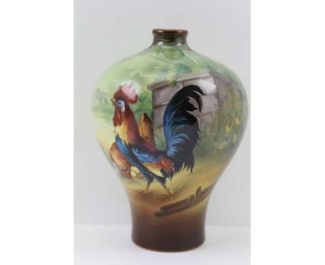 A ROYAL BONN CERAMIC VASE of baluster form, hand painted cockerel, hen and chicks in a farmyard, factory back stamp, inscribe