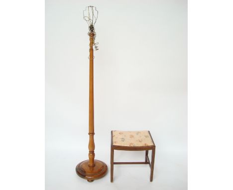 An early 20th Century rectangular oak stool, with drop in dipped seat and a standard lamp. 