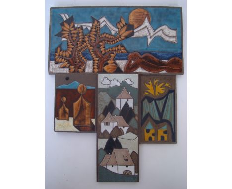 M. A. Delaire, (Frecnh) Modernist plaque depicting a reposing nude, enamel on lava stone, 39 x 20cm together with another sma