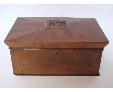 A William IV mahogany sarcophagus shaped tea caddy, the hinged top with central raised foliate carved tablet, the interior wi